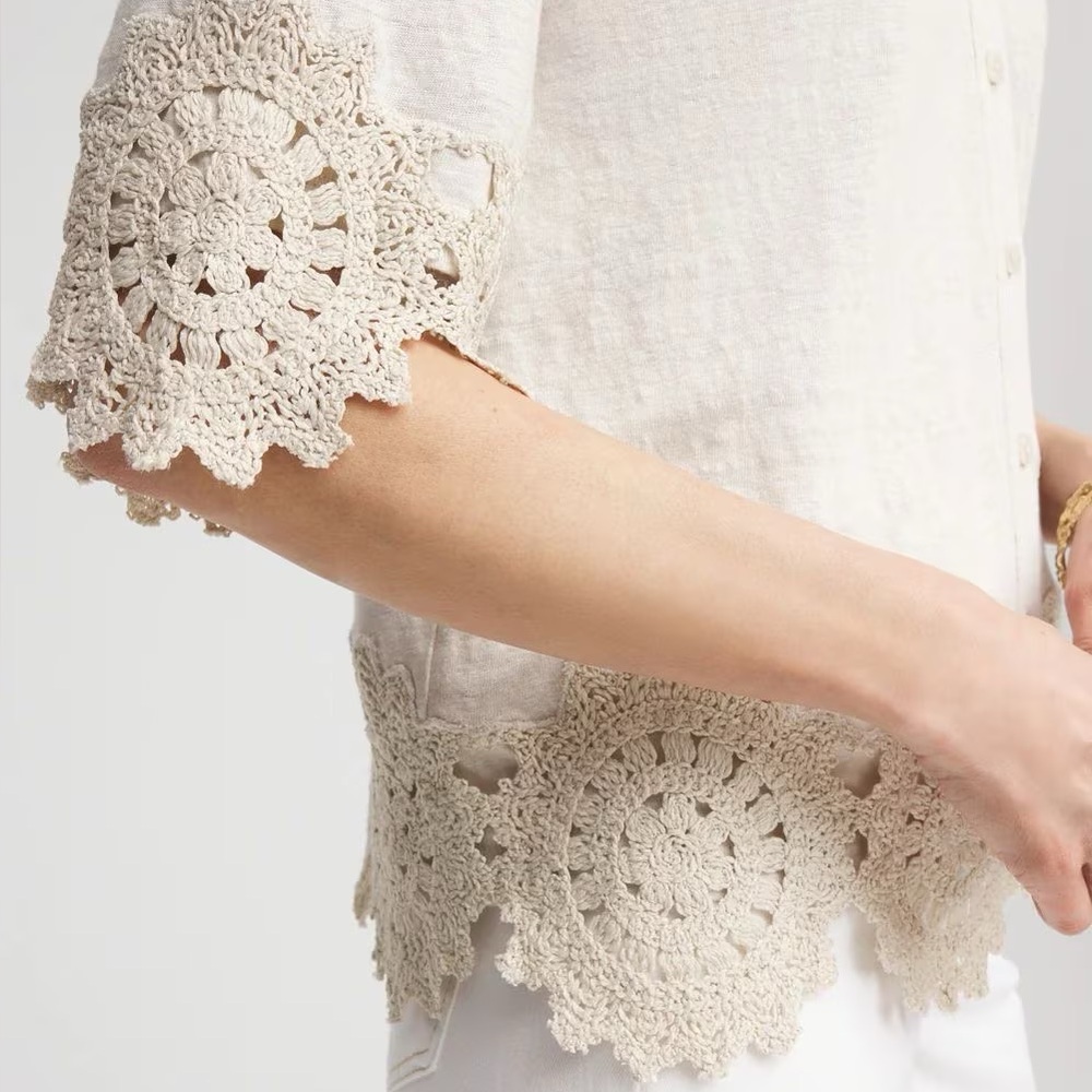 CHICO’S NWT 1 Crochet Trim Linen Shirt in River Rock Neutral Cream Blouse Top 8 - Picture 10 of 12